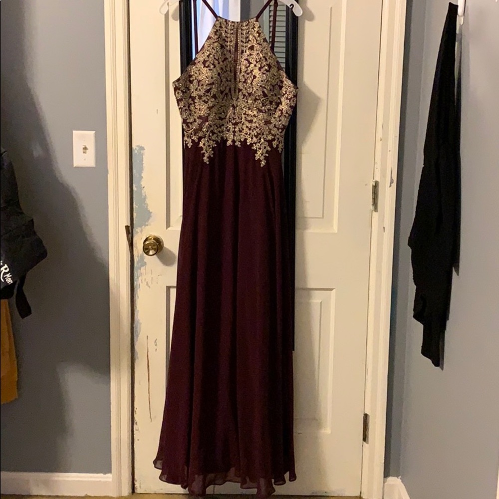 Maroon and Gold floor length prom dress